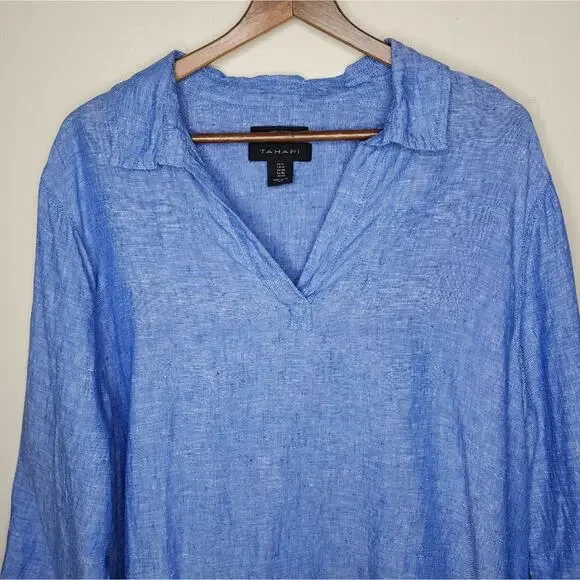 Tahari Blue Linen 3/4 Sleeve Top Women's Size 1X - Picture 2 of 5